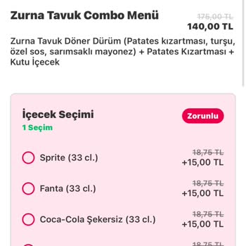 Yemek Sepeti Menüleri Çift Seçenek Varken Tek Seçenek Sunuyor