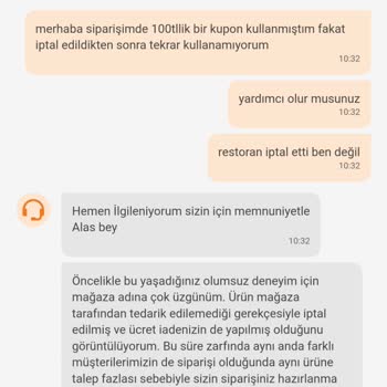 Trendyol Yemek Trendyol İptal Olan Siparişimde Kuponumu Geri Tanımlamadı