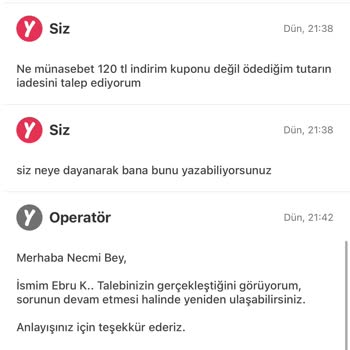 Yemek Sepeti bearbeitet seit 10 Tagen meine Rückerstattung nicht