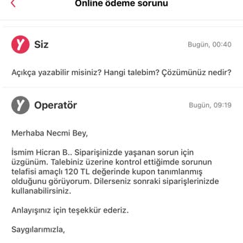 Yemek Sepeti bearbeitet seit 10 Tagen meine Rückerstattung nicht