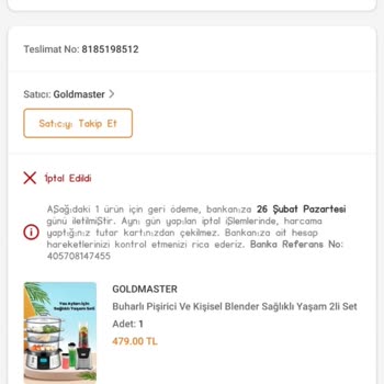 Goldmaster Sebepsiz Yere İptal Edilen Ürün