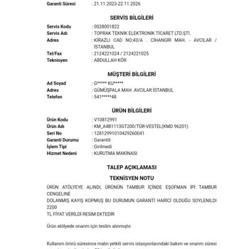 Vestel Kurutma Garantideyken Para İstiyorlar