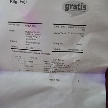 Gratis Eksik Ürün Sahte Fiş