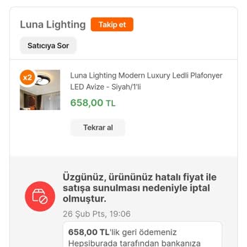 Hepsiburada "Luna Lighting" Satıcısının Haksız Sipariş İptali