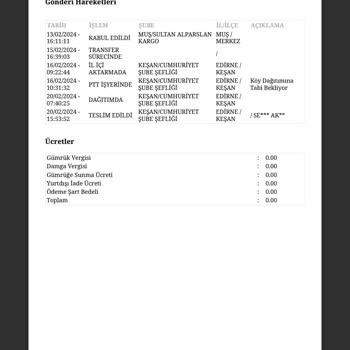 Edirne Keşan PTT Kargo Şikayetçiyim