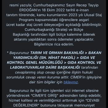 T. C. Cumhurbaşkanlığı Tarım Ve Orman Bakanlığı Staj Paramı Eksik Yatırdı