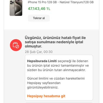 Hepsiburada Yanlış Fiyatlandırma İptali