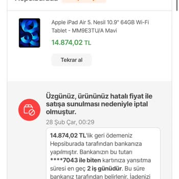 Hepsiburada Yanlış Fiyat Bahanesiyle İptal Edilen Sipariş.