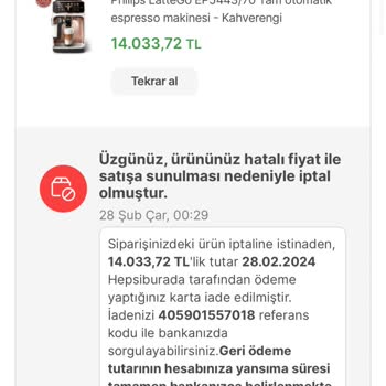 Hepsiburada Ürünün Hatalı Fiyat İle Satışa Sunulması Nedeniyle İptal