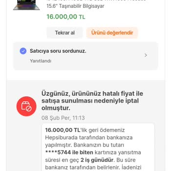 Hepsiburada Excalibur Marka Notebook İptali