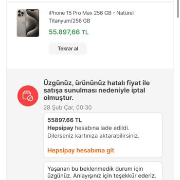 Hepsiburada Siparişimin Hatalı Fiyat Yüzünden İptali