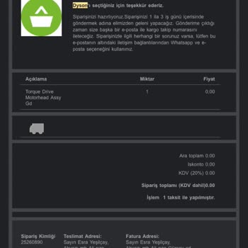 Hasarlı Ürünün Yenisini Göndermekten Dyson Yetkilileri