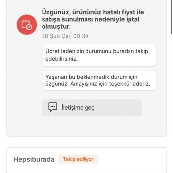 Hepsiburada Yanlış Fiyatlandırma Nedeniyle Ürün İptali