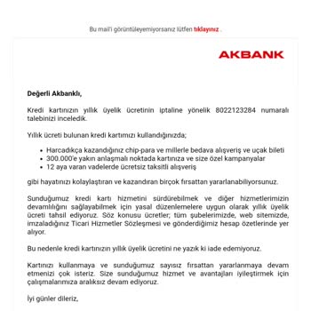 Akbank Yıllık Üyelik Ücreti