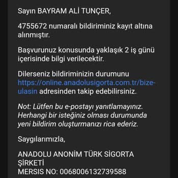 Anadolu Sigorta Göndermek İstemediği Geçiş Bilgileri