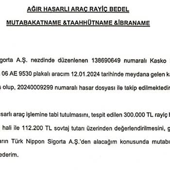 Türk Nippon Sigorta Araç Kasko Pert Ödemesi Yapılmadı