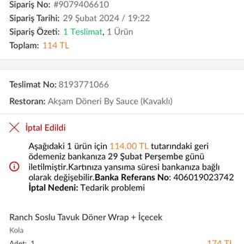 Trendyol Yemek Siparişim İptal Edildi. Sonraki Süreçte Yardımcı Olmadı