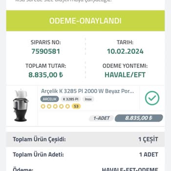 Arcelikavm.com 20 Gün Bekletilen Yüksek Tutarlı Sipariş