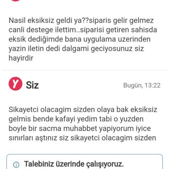 Yemeksepeti Eksik Gelen Ürünün Yapılmayan İadesi