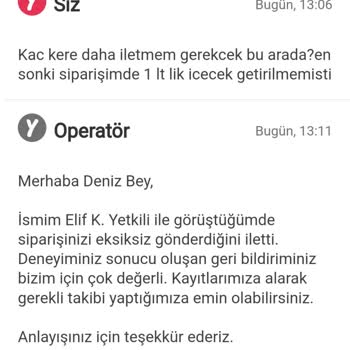Yemeksepeti Eksik Gelen Ürünün Yapılmayan İadesi