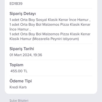 Domino's Pizzadan Verdiğim Sipariş