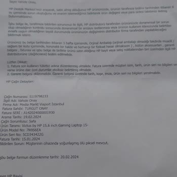 Teklos Lojistik Ve HP Bilgisayar Kusurlu Ürüne Sahip Çıkmıyor