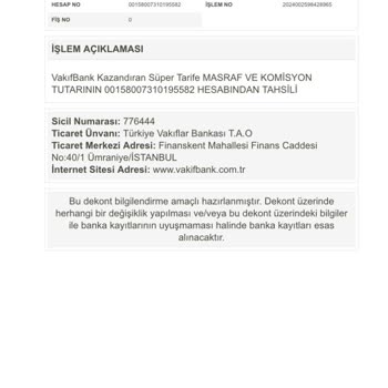 VakıfBank Kazandıran Tarife Adı Altında Alınan Para