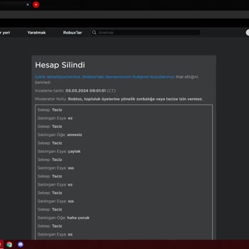 Roblox Hesap Silinmesi Şikayeti
