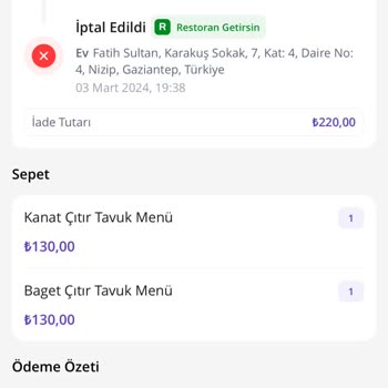 Getir Tavuk Yesek Nizip Şikayet