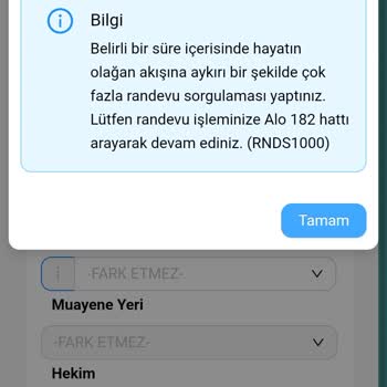 MHRS - 182 Sorgu Yapmamı Engelledi