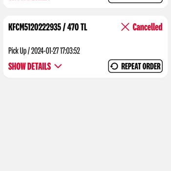 KFC İptal Edilen Siparişimin Ücreti İade Edilmiyor.