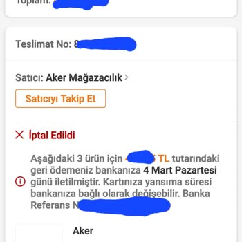 Aker Mağazacılık Aker Sipariş İptal