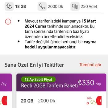 Vodafone Yeni Fahiş Paket Ücreti