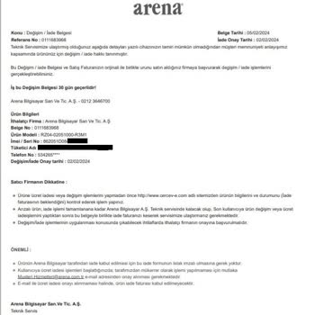 Arena Bilgisayar Stok Yok Bahanesiyle Değişim Yapmıyor.