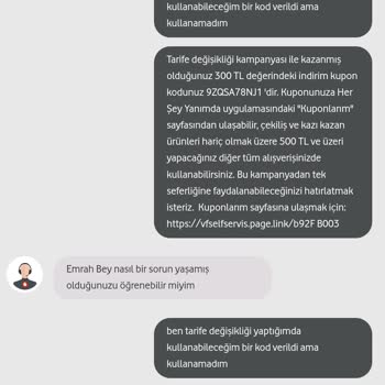 Tarife Değişikliği Karşılığında Verilen Her Şey Yanımda Kodu Geçersiz
