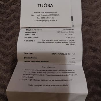 Tuğba Giyim Mağazadan Aldığım Ürünün Kusuru İle İlgili Yaşadığım Problem