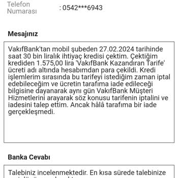 VakıfBank Kazandıran Tarife İade Talebi