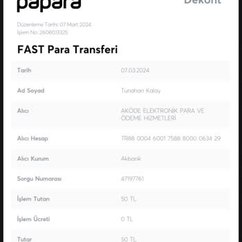 Papara Tosla Para Gönderimi İle İlgili Sorun