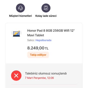 Hepsiburada Honor Pad8 İçin Klavyeli Kılıf Hediyesi Gönderilmedi
