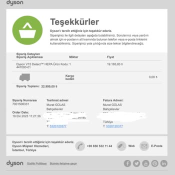 Dyson Ayıplı Ürün İadesi Almadılar Ve Yedek Parça Da Gönderilmedi.