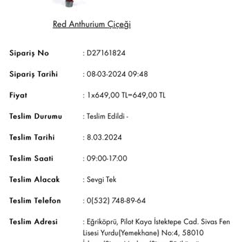 Taze Çiçek (tazecicek.com) Teslim Edildi Görünmesine Rağmen Siparişim Kişiye Ulaşmadı