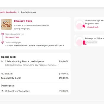Domino's Pizza İstanbul/Yakuplu Yemeksepeti Sipariş Faturasını Göndermiyor