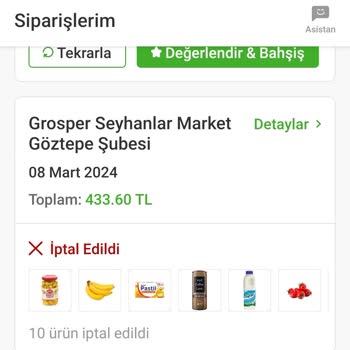 Grosper Trendyol Hızlı Market Siparişlerim İptal Ediliyor