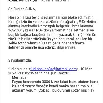 Payco Kişi Teyidini Bahane Ederek Hesabıma Bloke Koydu