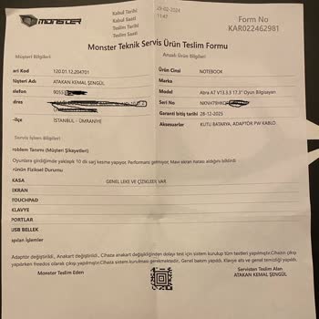 2 Aylık Monster Notebook Ana Kart Arızası Mağduriyeti