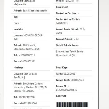Garantili Lacoste Saatimden Servis Ücret İstemekte