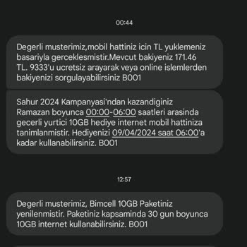 Bimcell 145Tl Olan Aylık 10gb Paketim Yüklenmedi