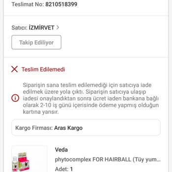İzmir Veteriner Polikliniği Trendyol İzmir Vet Kargo Firması Aras Kargo'nun Verdiği Maddi Zarar