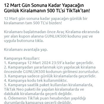 Tiktak Kirala Hediye Kuponu Hayal Kırıklığı ve Ücret İadesi Talebi