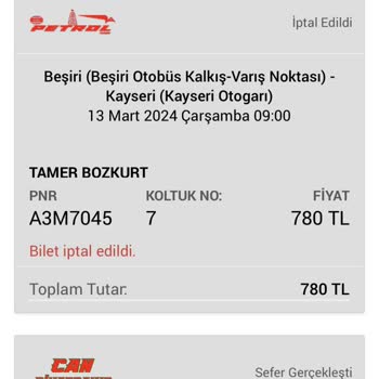 Siirt Petrol Turizm Siirt Petrol Bilet İptali Yapıp Bilgi Vermiyor.